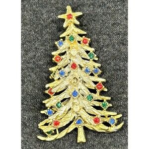 VTG Rhinestone Golden Christmas‎ Tree Brooch Lapel Pin As Is Missing 2 Stones